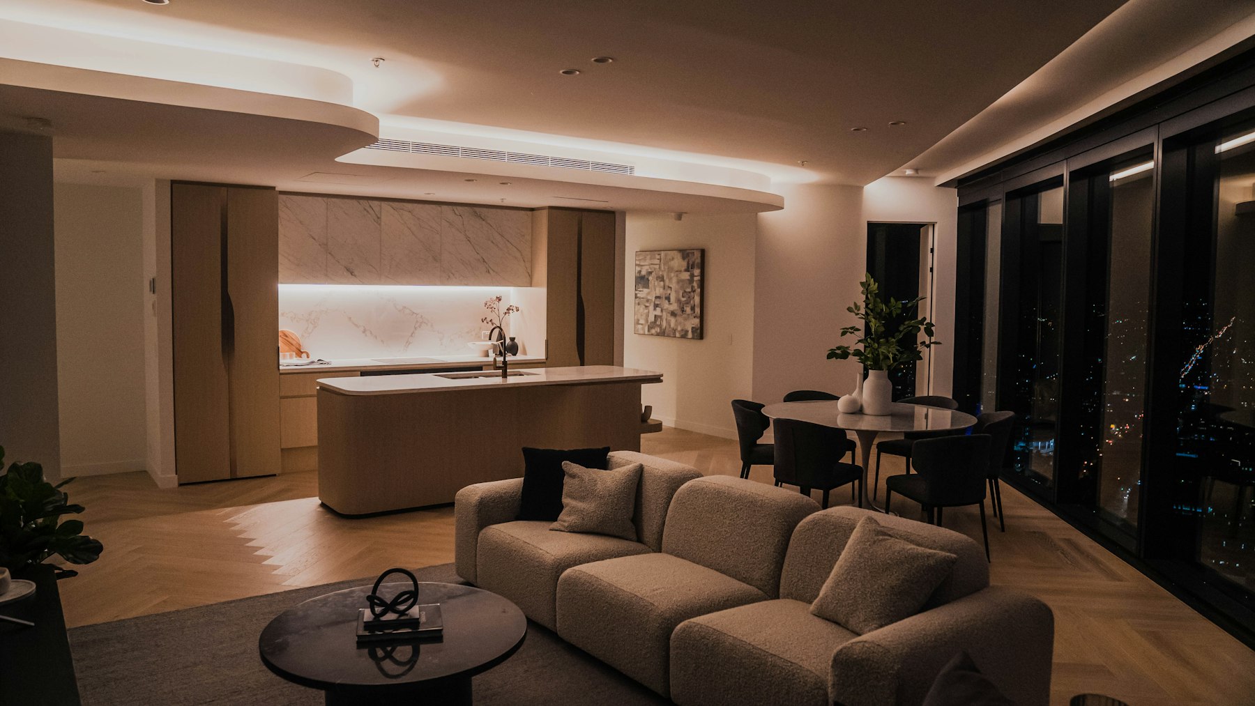 A living space shifting through lighting scenes